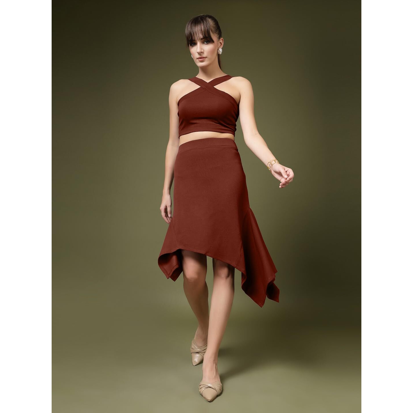 Oomph Stretchable Lycra Coord Tube Top And A-Line Skirt Set For Women, Brown - Coord_Mt952Msk237