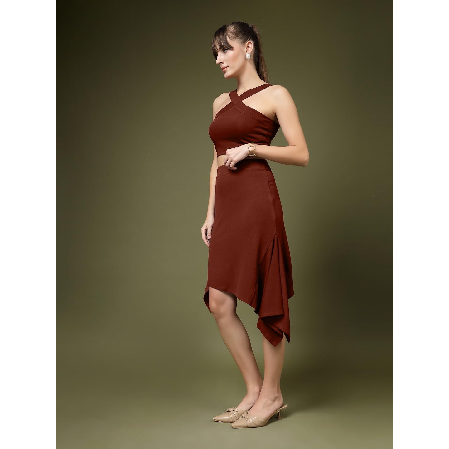 Oomph Stretchable Lycra Coord Tube Top And A-Line Skirt Set For Women, Brown - Coord_Mt952Msk237