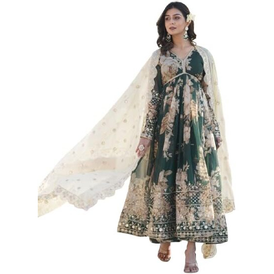 Fashion Basket Havy Silk Printed Anarkali Kurta Set For Women Green