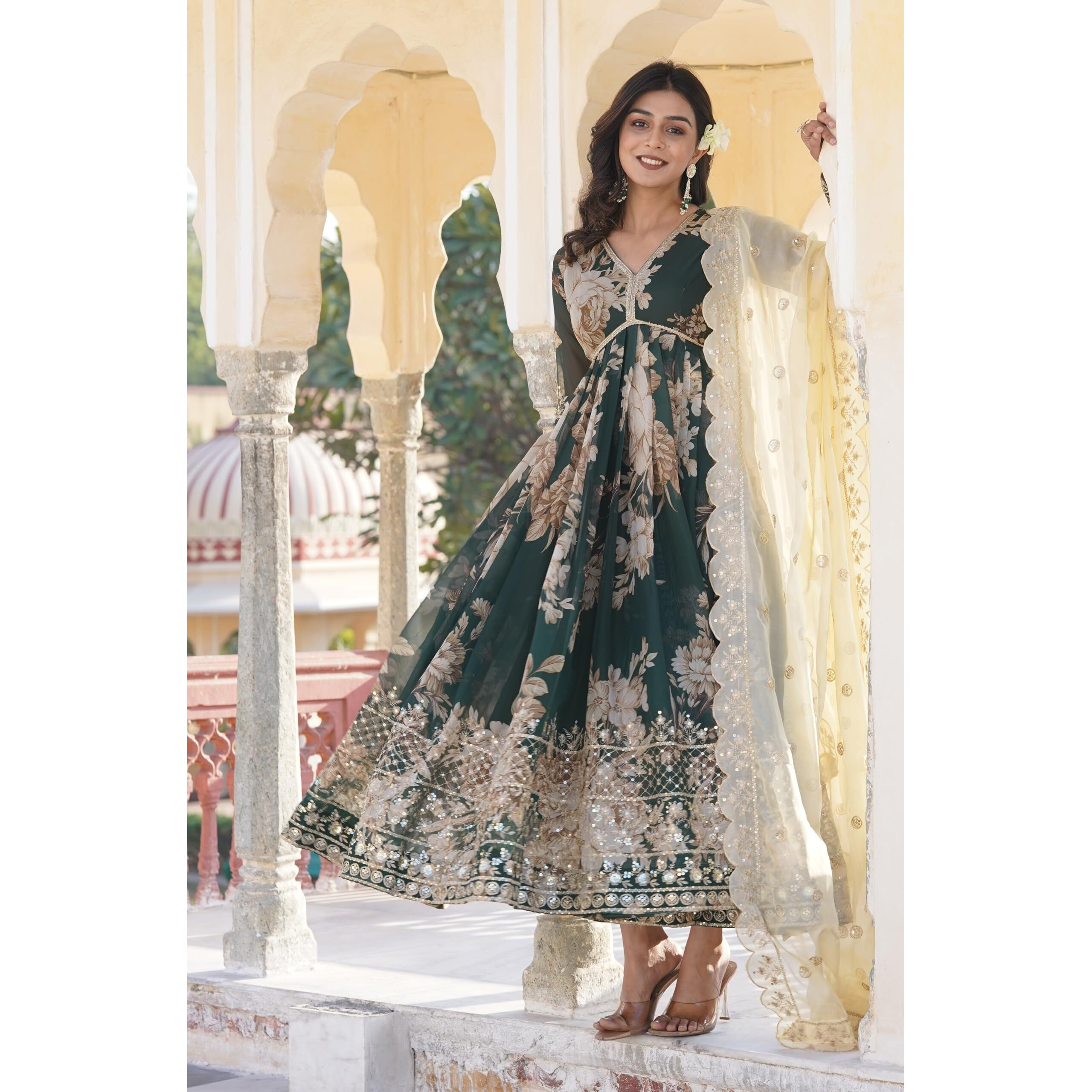 Fashion Basket Havy Silk Printed Anarkali Kurta Set For Women Green