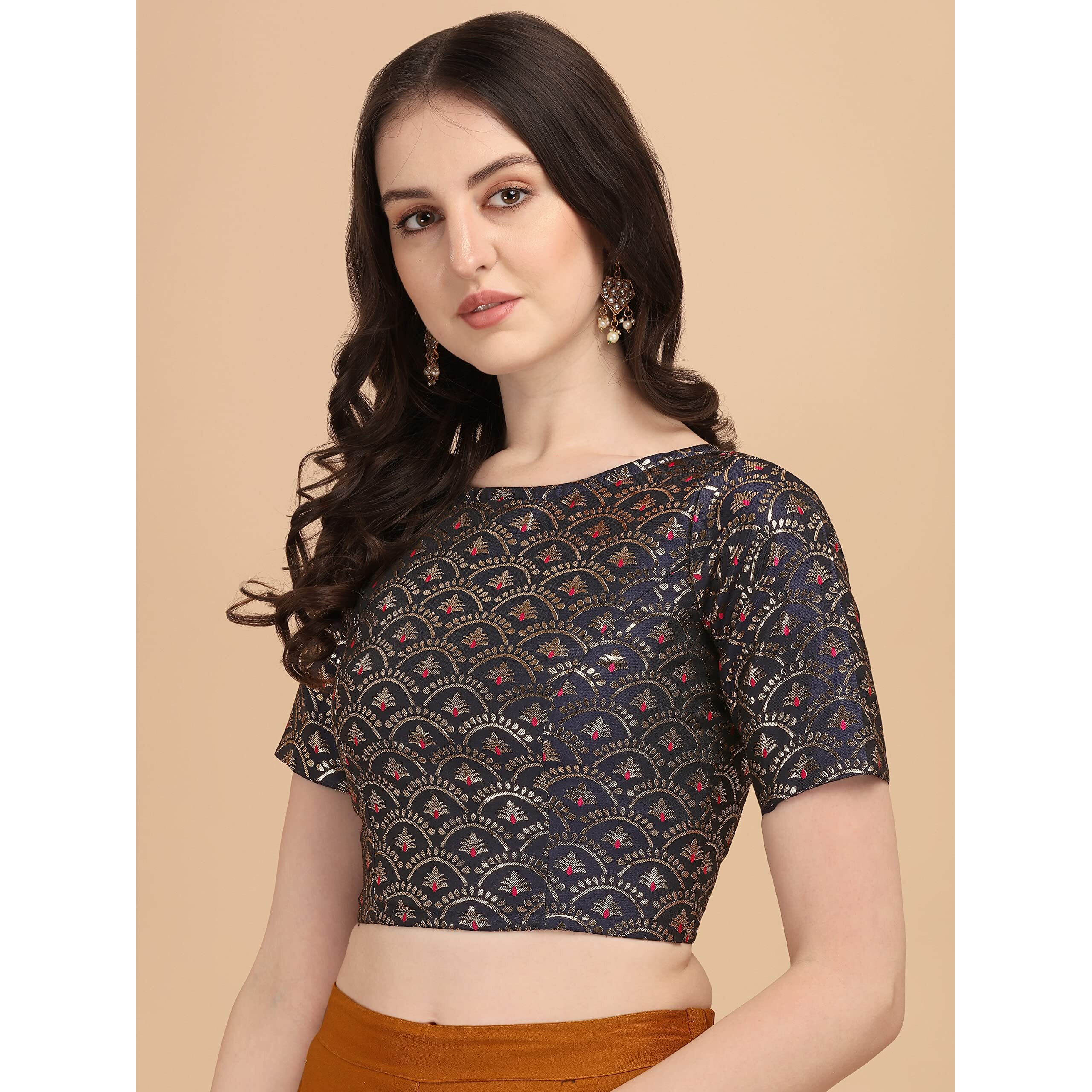Oomph Women's Indian Ethnic Wear Designer Zari Work Boat Neck Half Sleeve Navy Blue Color Blouse For Saree Or Lehnga And Palazzos Or Skirts For A Fusion Twist.