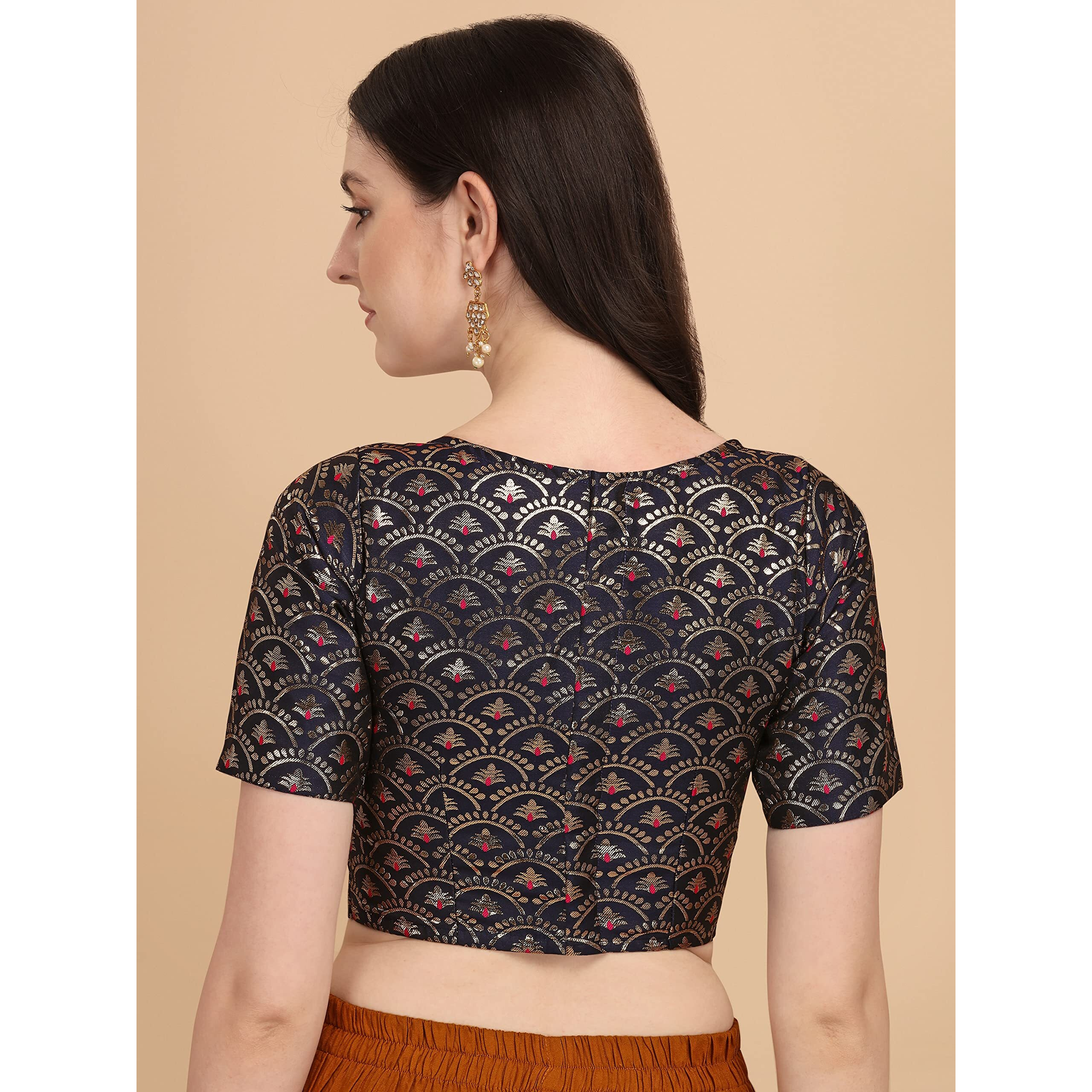 Oomph Women's Indian Ethnic Wear Designer Zari Work Boat Neck Half Sleeve Navy Blue Color Blouse For Saree Or Lehnga And Palazzos Or Skirts For A Fusion Twist.