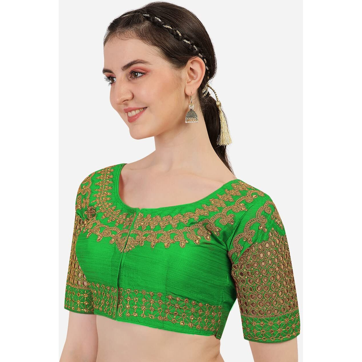 Pujia Mills Women's Silk Checks Half Sleeve Blouse (Jali New Variation Blouse_Light Green_Free Size)