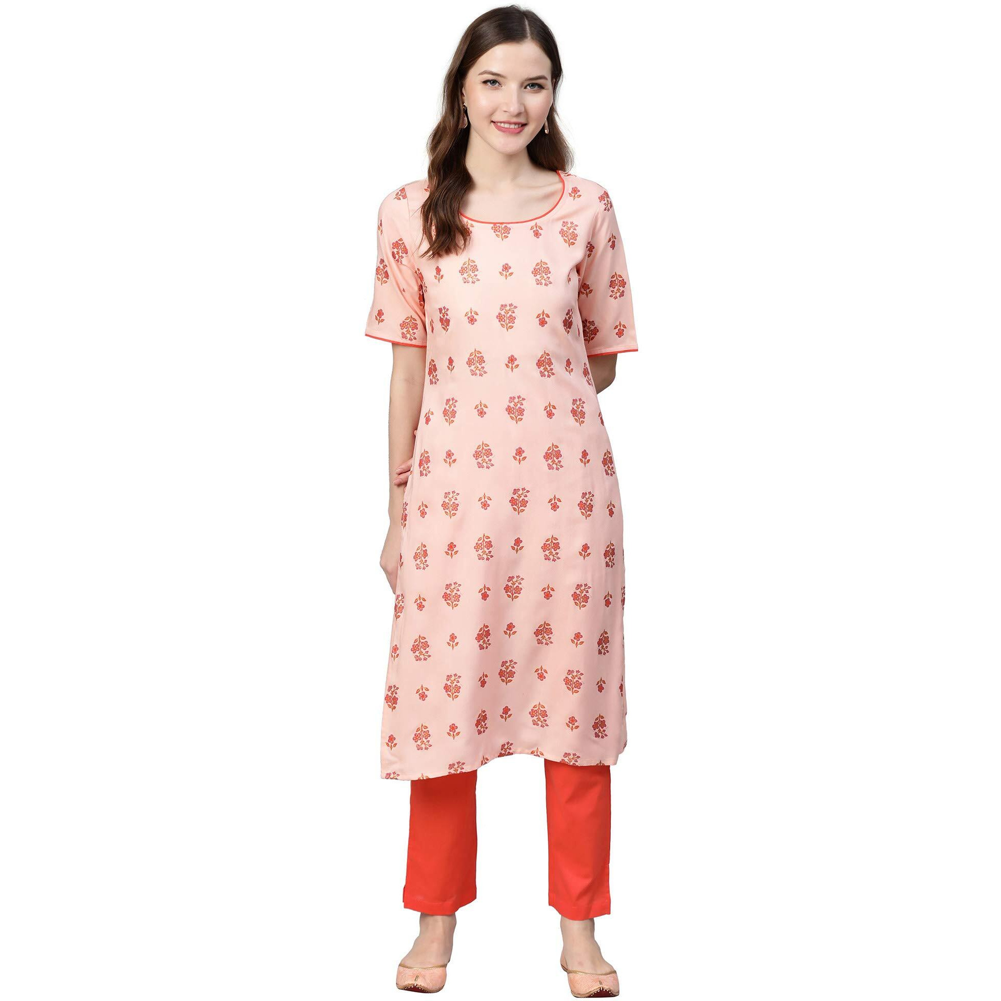 Idalia Women's Orange Rayon Kurta Set With A Pair Of Pants (Orange, M)