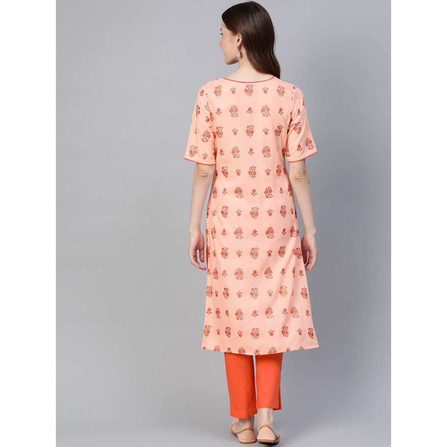 Idalia Women's Orange Rayon Kurta Set With A Pair Of Pants (Orange, M)