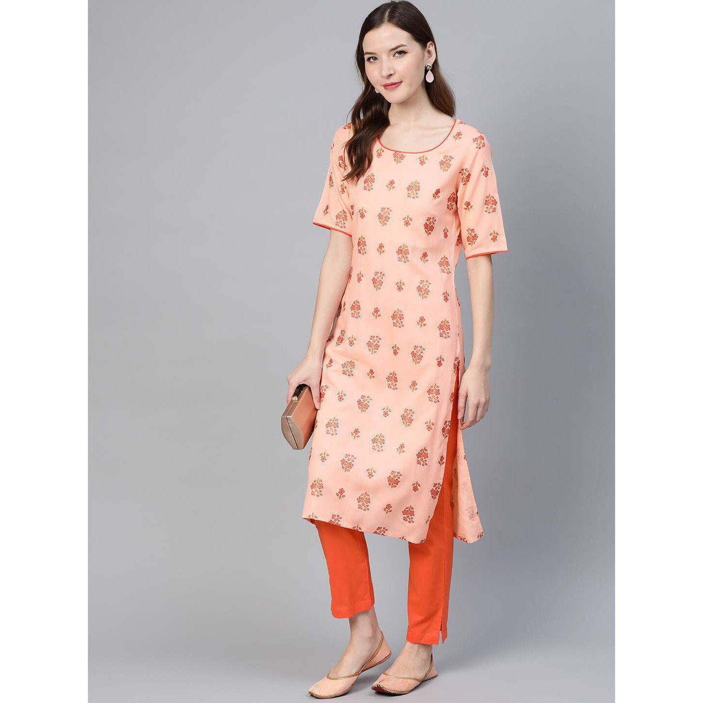 Idalia Women's Orange Rayon Kurta Set With A Pair Of Pants (Orange, M)