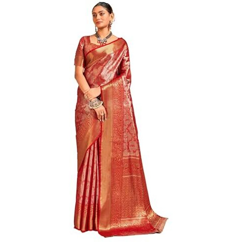 Pujia Mills Women's Red Zari Weaving Silk Wear Saree With Unstitched Blouse Piece