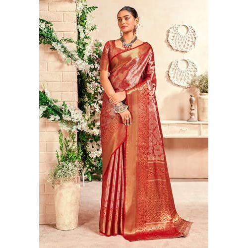 Pujia Mills Women's Red Zari Weaving Silk Wear Saree With Unstitched Blouse Piece