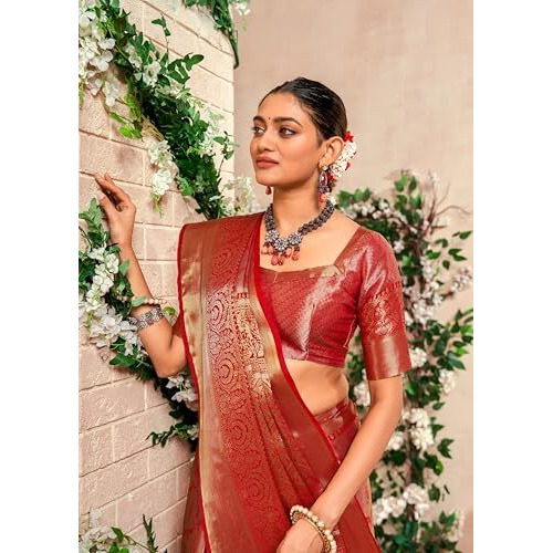 Pujia Mills Women's Red Zari Weaving Silk Wear Saree With Unstitched Blouse Piece