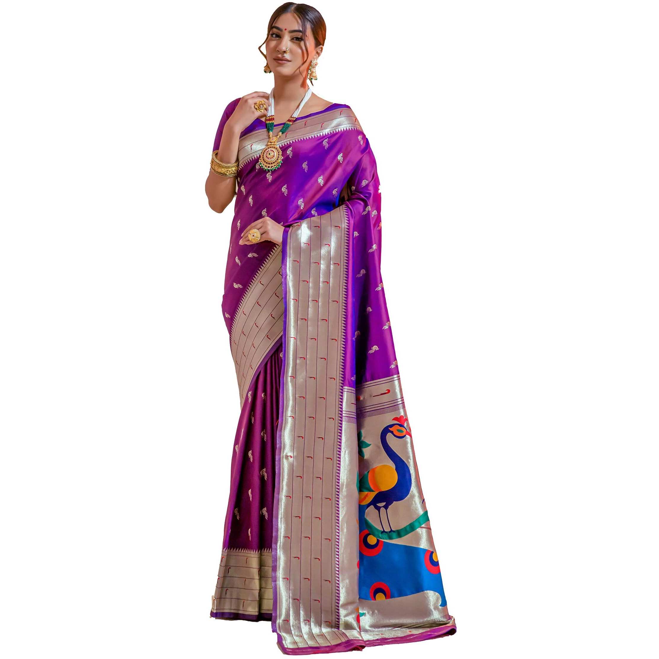 Pujia Mills Woman Pure Banarasi Silk Paithani Saree Indian Ethnic Wear Kanjivaram Saree With Heavy Golden Zari Woven Border With Unique Peacock Designe Rich Pallu Saree Purple Wedding Saree 2025