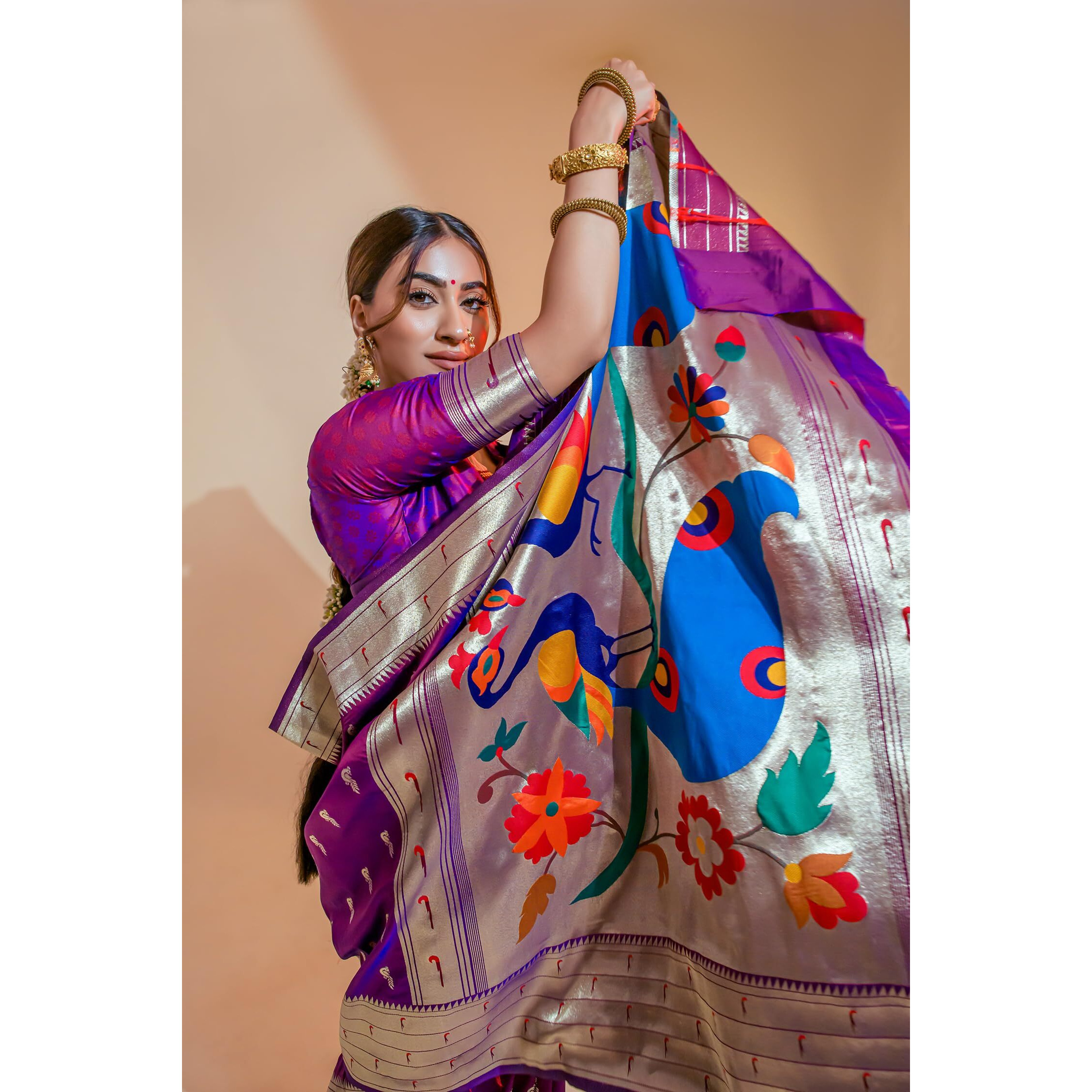 Pujia Mills Woman Pure Banarasi Silk Paithani Saree Indian Ethnic Wear Kanjivaram Saree With Heavy Golden Zari Woven Border With Unique Peacock Designe Rich Pallu Saree Purple Wedding Saree 2025