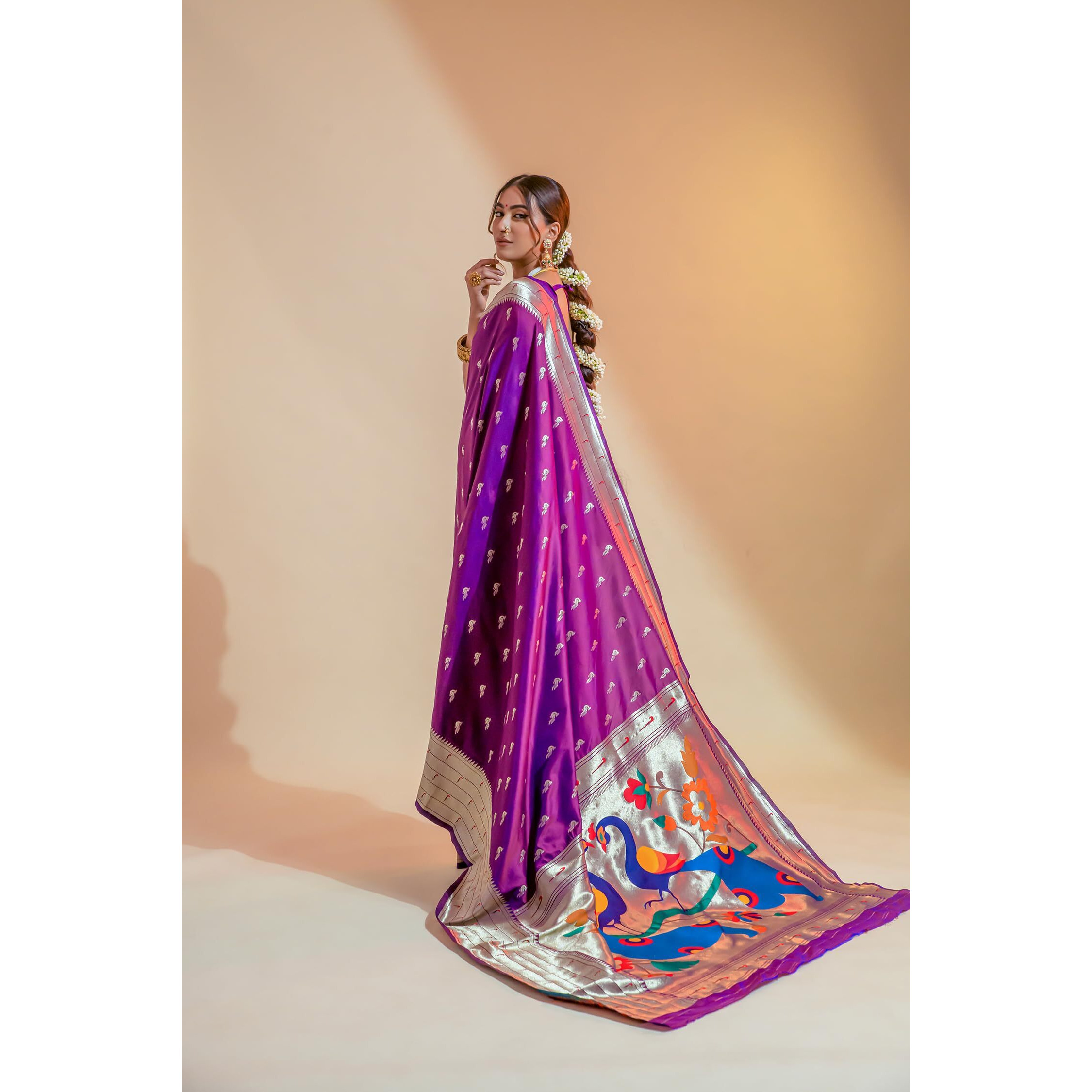 Pujia Mills Woman Pure Banarasi Silk Paithani Saree Indian Ethnic Wear Kanjivaram Saree With Heavy Golden Zari Woven Border With Unique Peacock Designe Rich Pallu Saree Purple Wedding Saree 2025