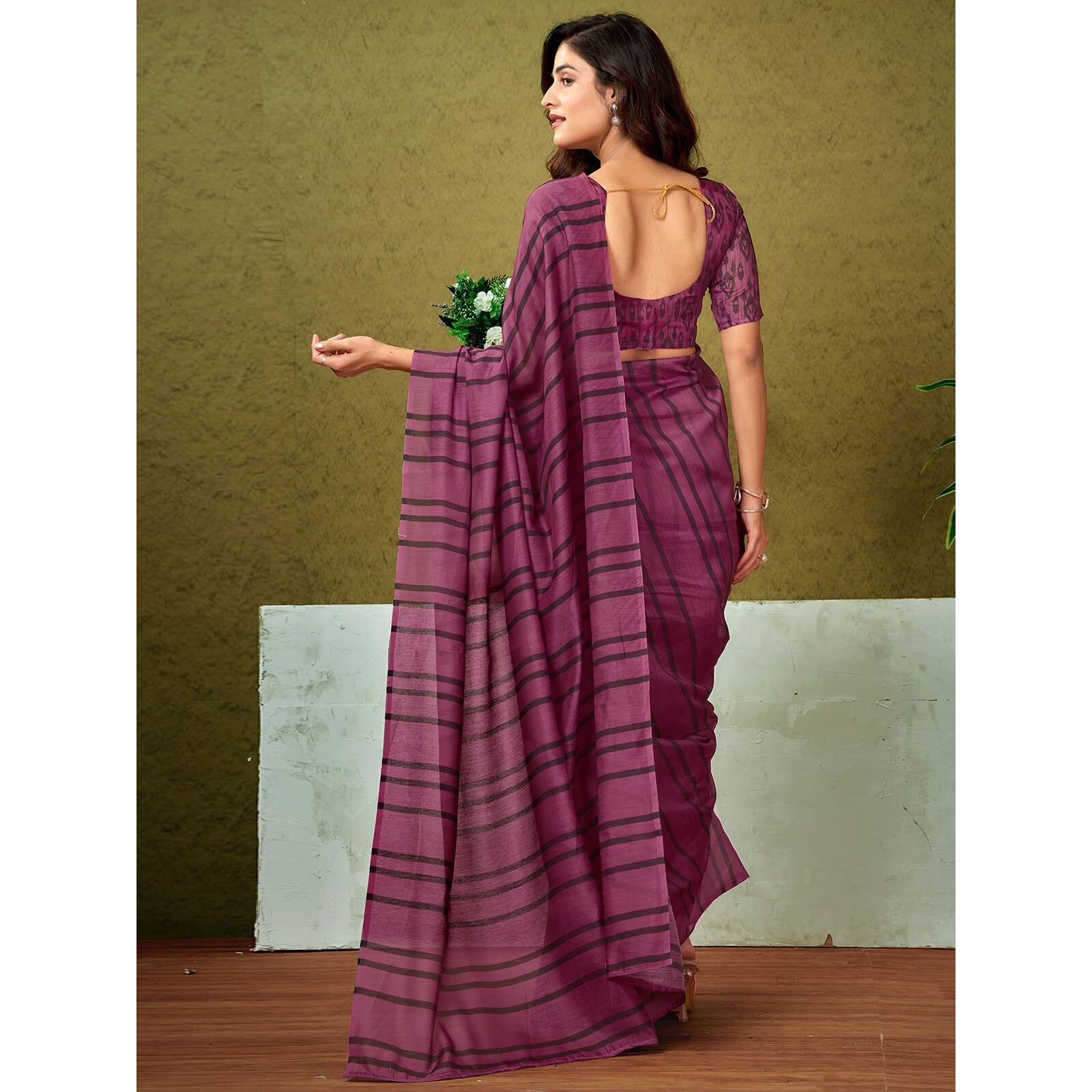 Satrani Women's Chanderi Cotton Printed Ready To Wear One Minute Pre Pleated Readymade Saree With Unstitched Blouse Piece (32Rs304N_Dusty Wine)
