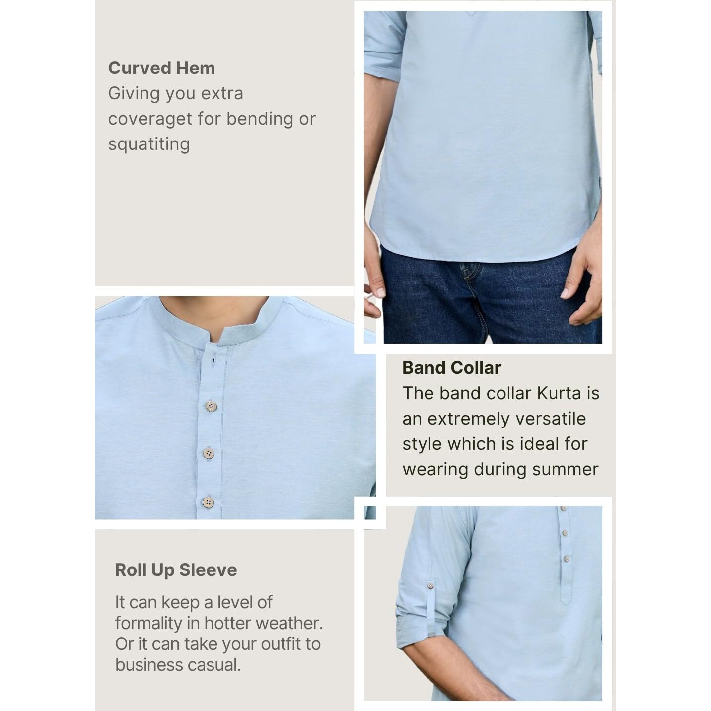See Designs Men's Roll-Up Sleeve Mandarin Collar Blue Deluxe Cotton Short Kurta - Sdkt2942L