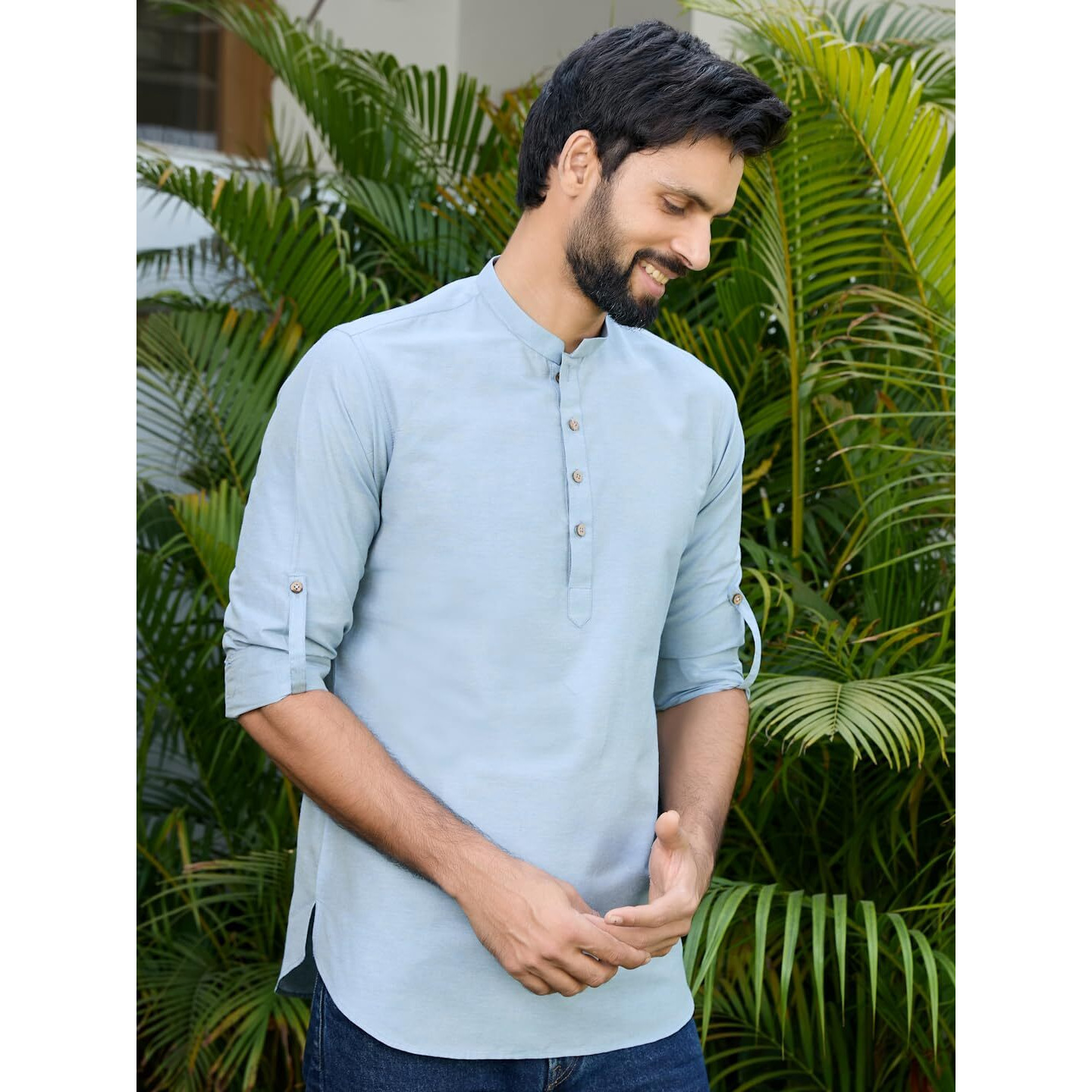 See Designs Men's Roll-Up Sleeve Mandarin Collar Blue Deluxe Cotton Short Kurta - Sdkt2942L