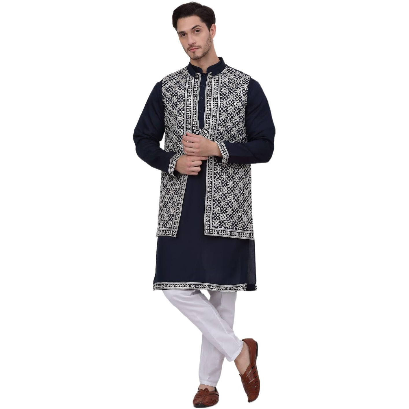 Jompers Men's Navy Embroidered Waistcoat And Kurta Pyjama. (Navy, S)