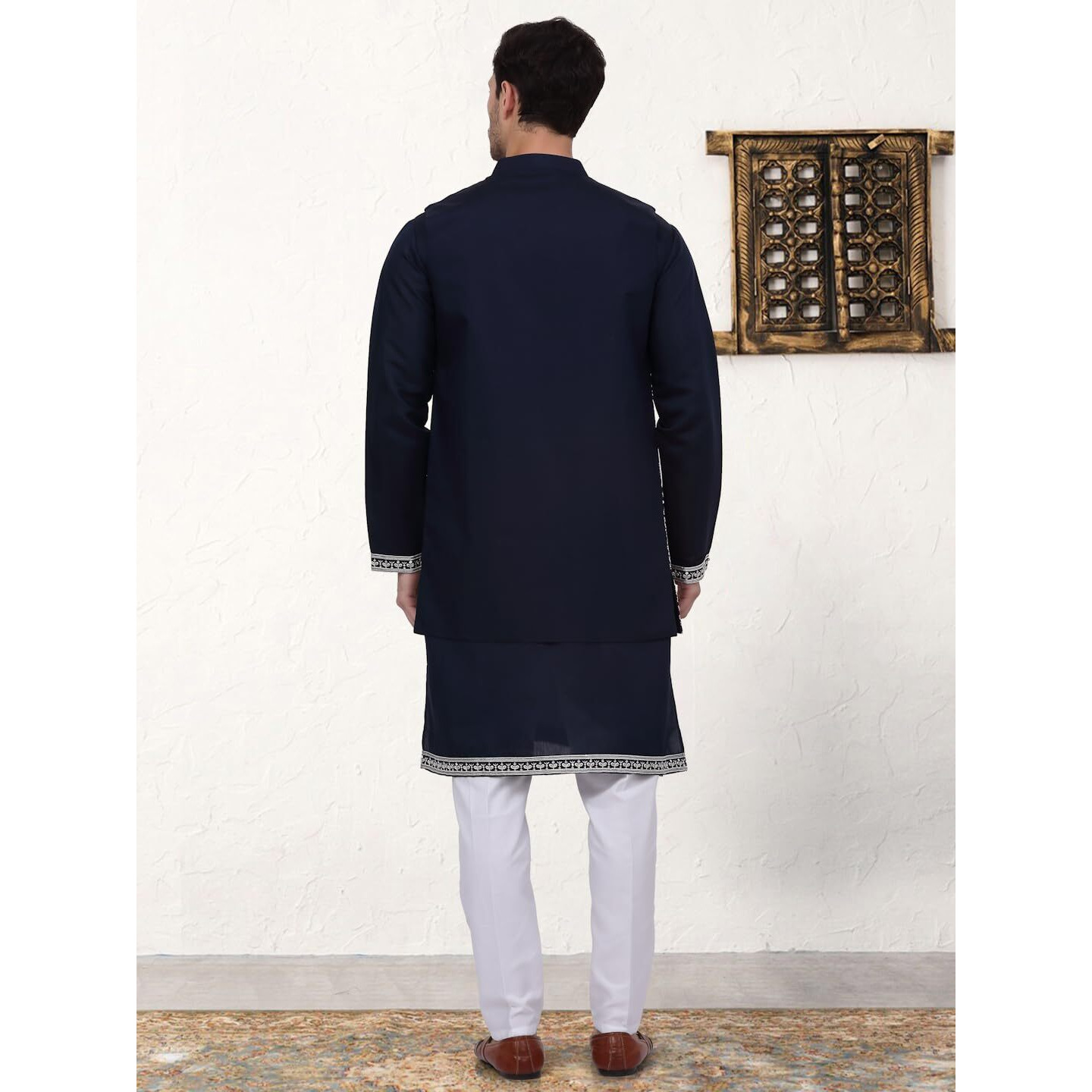 Jompers Men's Navy Embroidered Waistcoat And Kurta Pyjama. (Navy, S)