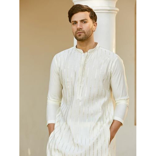 See Designs Men Full Sleeve Off White And Gold Chanderi Silk Sequins Mandarin Collar Side Slit Kurta With Pyjama - Sd2Kt_242206Xl