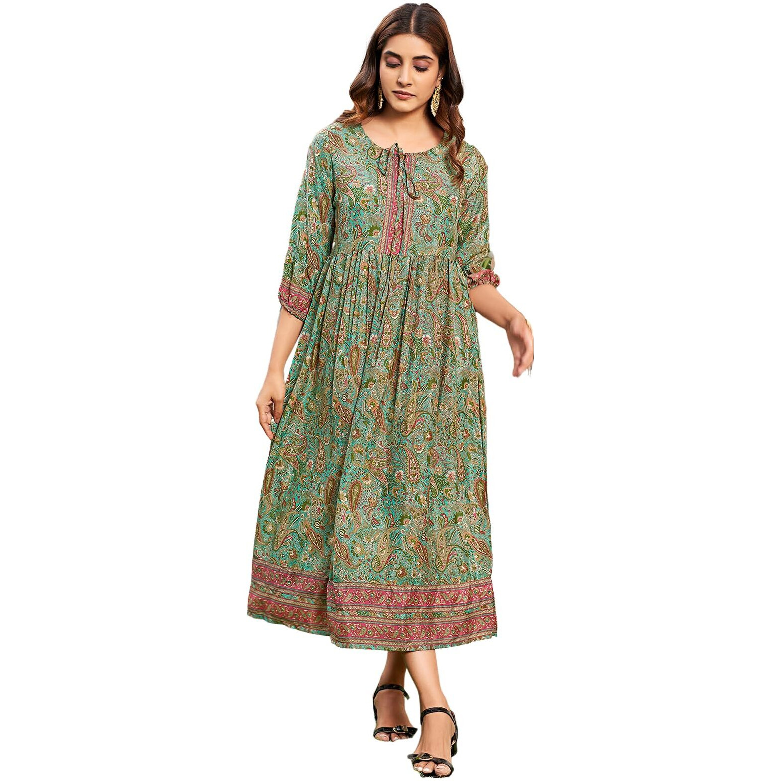 Selvia Western Dress For Women|Floral Printed Crepe Silk Western Dress For Women|Round Neck A-Line Dress For Women|One Piece Dress For Women (647Dtk7733N-S_Teal Green & Multi)