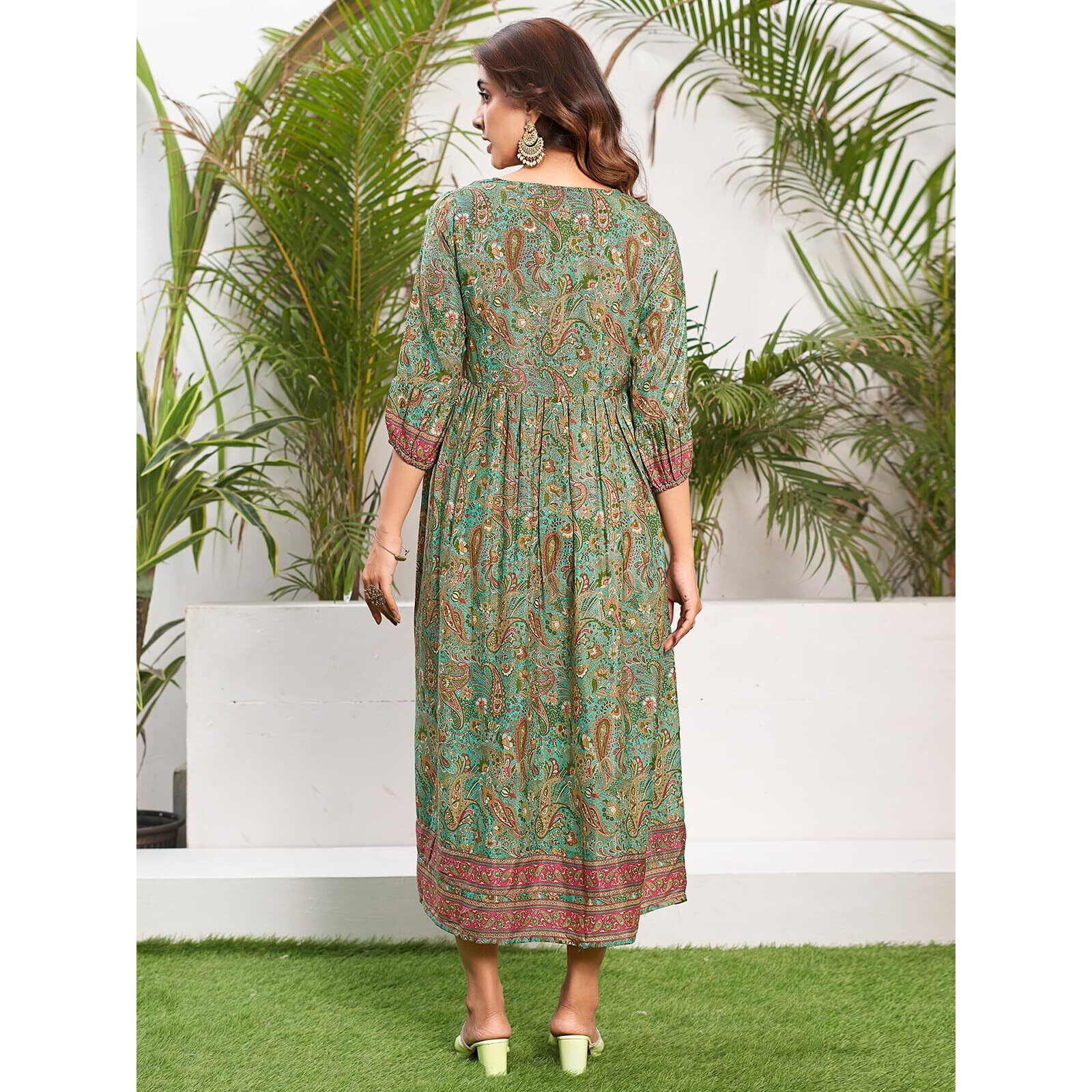 Selvia Western Dress For Women|Floral Printed Crepe Silk Western Dress For Women|Round Neck A-Line Dress For Women|One Piece Dress For Women (647Dtk7733N-S_Teal Green & Multi)
