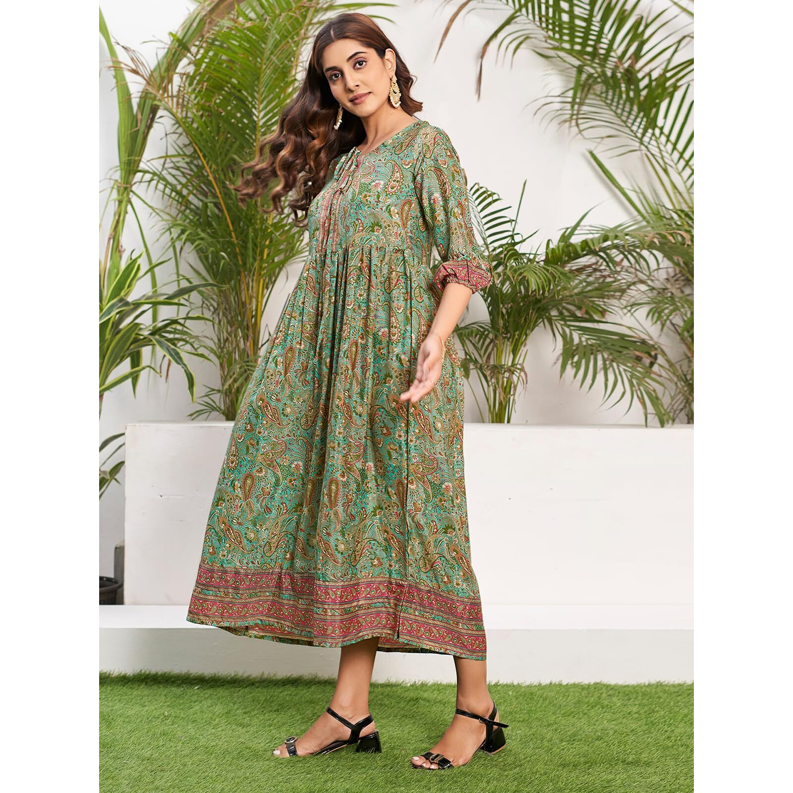 Selvia Western Dress For Women|Floral Printed Crepe Silk Western Dress For Women|Round Neck A-Line Dress For Women|One Piece Dress For Women (647Dtk7733N-S_Teal Green & Multi)