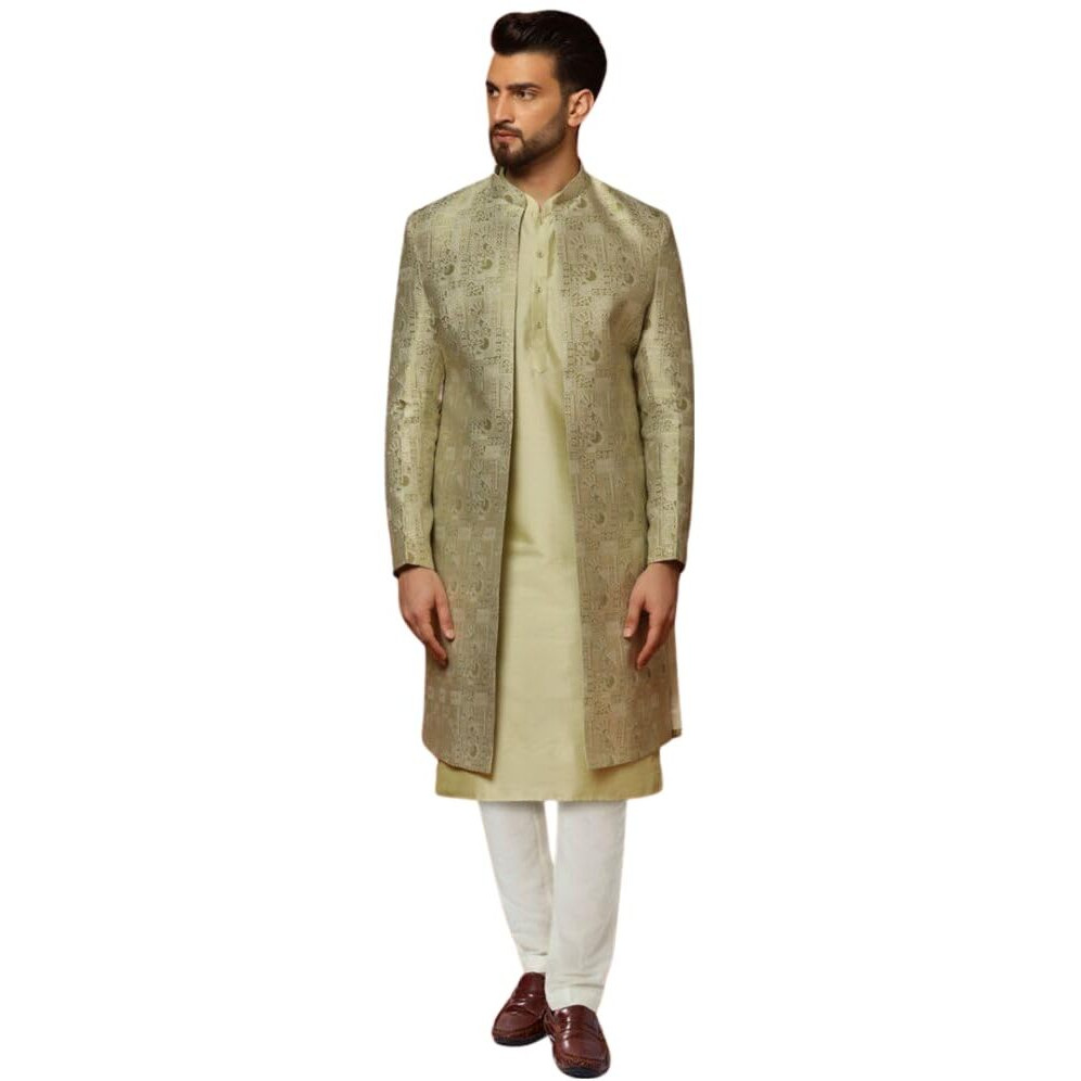 Kisah Men's Kurta Indo-Western Sherwani Trouser Set, Green Cotton, Jacquard Regular Fit Mandarin Collar Long Sleeves (L)