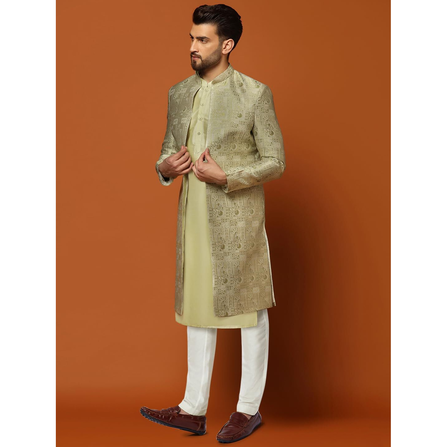 Kisah Men's Kurta Indo-Western Sherwani Trouser Set, Green Cotton, Jacquard Regular Fit Mandarin Collar Long Sleeves (L)
