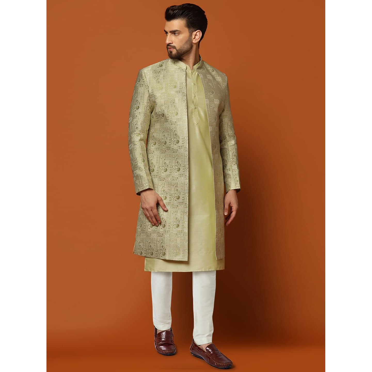 Kisah Men's Kurta Indo-Western Sherwani Trouser Set, Green Cotton, Jacquard Regular Fit Mandarin Collar Long Sleeves (L)