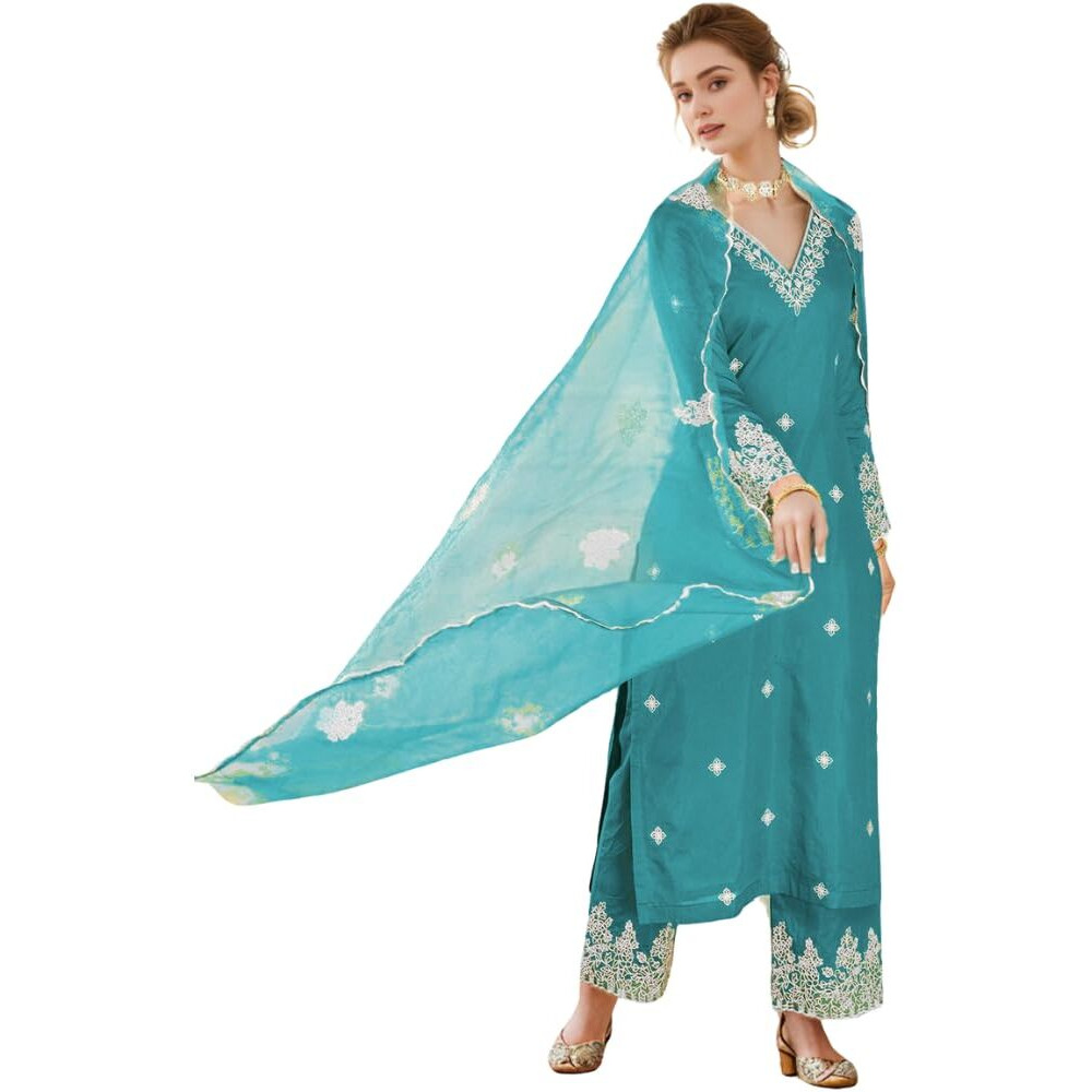 Shienzy Women's Embroidered Chanderi Kurta Pant Set With Net Dupatta | V Neck, 3/4 Sleeve Ethnic Set | Outfit For Office Wear (1657_Rm_M)