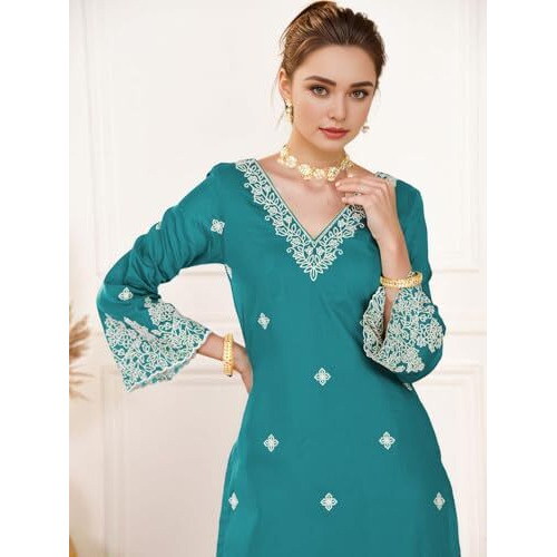 Shienzy Women's Embroidered Chanderi Kurta Pant Set With Net Dupatta | V Neck, 3/4 Sleeve Ethnic Set | Outfit For Office Wear (1657_Rm_M)