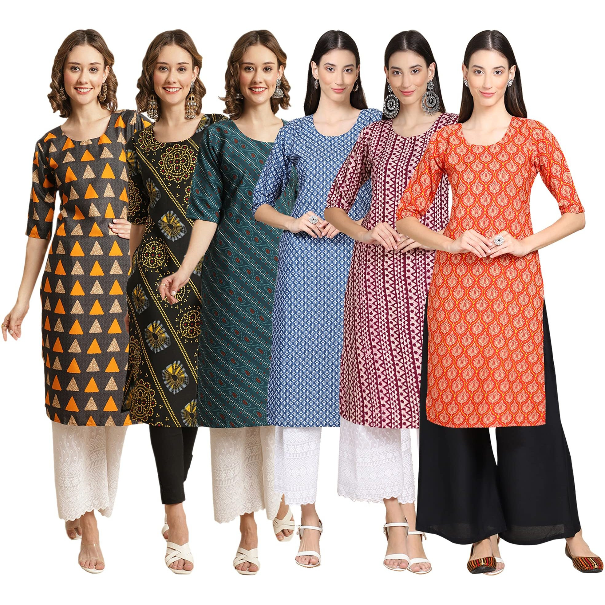 Pinkmint Women's Crepe Digital Print Straight Kurta [Pack Of 6](Cr-387-390-384-367-347-354-S)