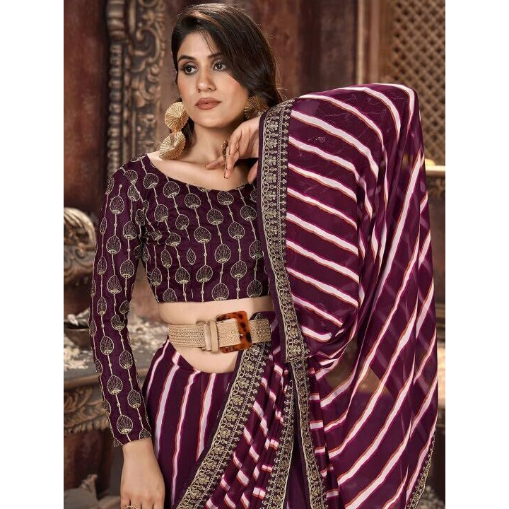 Shiv Textiles Women's Georgette Leheriya & Lace Border Saree(Sat-531S-Wine)