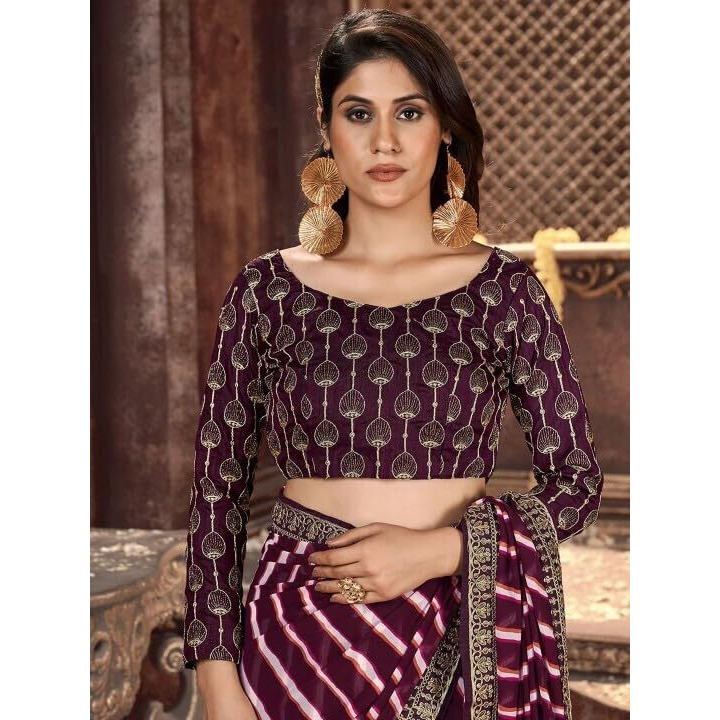 Shiv Textiles Women's Georgette Leheriya & Lace Border Saree(Sat-531S-Wine)