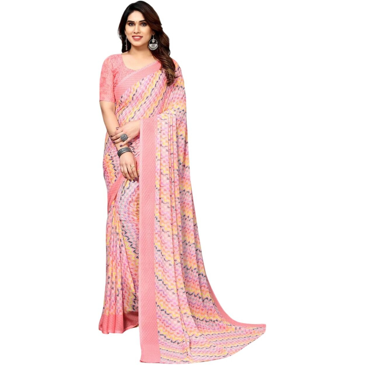 Shiv Textiles Women's Georgette Geometric Saree(250S101_Light Pink)