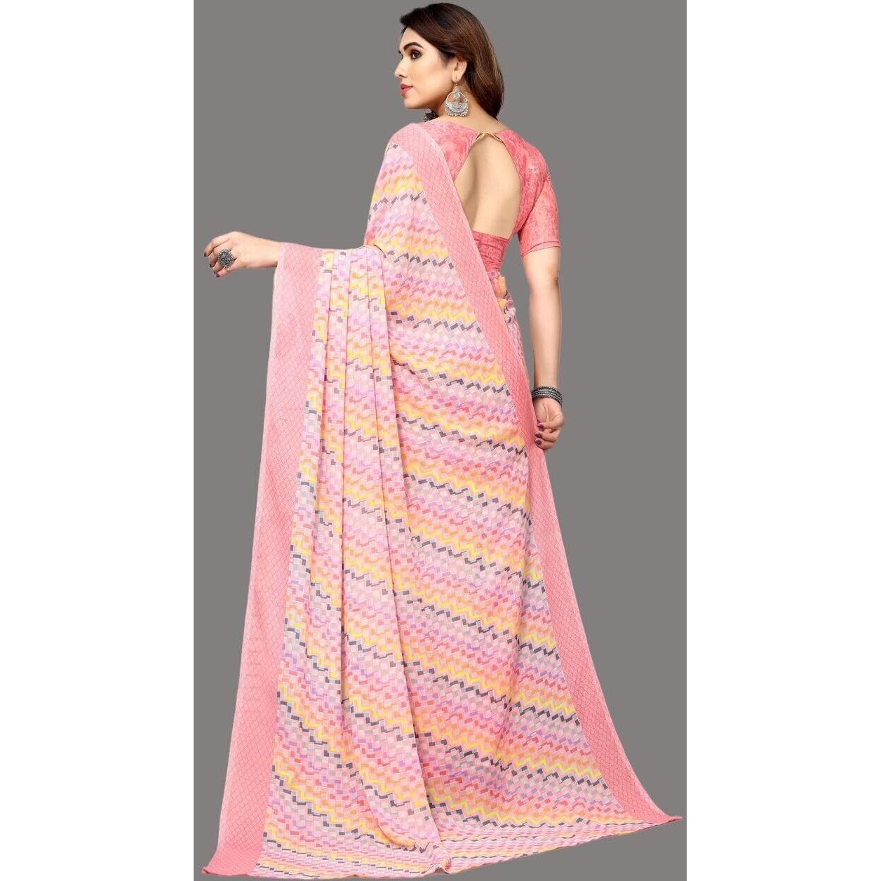 Shiv Textiles Women's Georgette Geometric Saree(250S101_Light Pink)