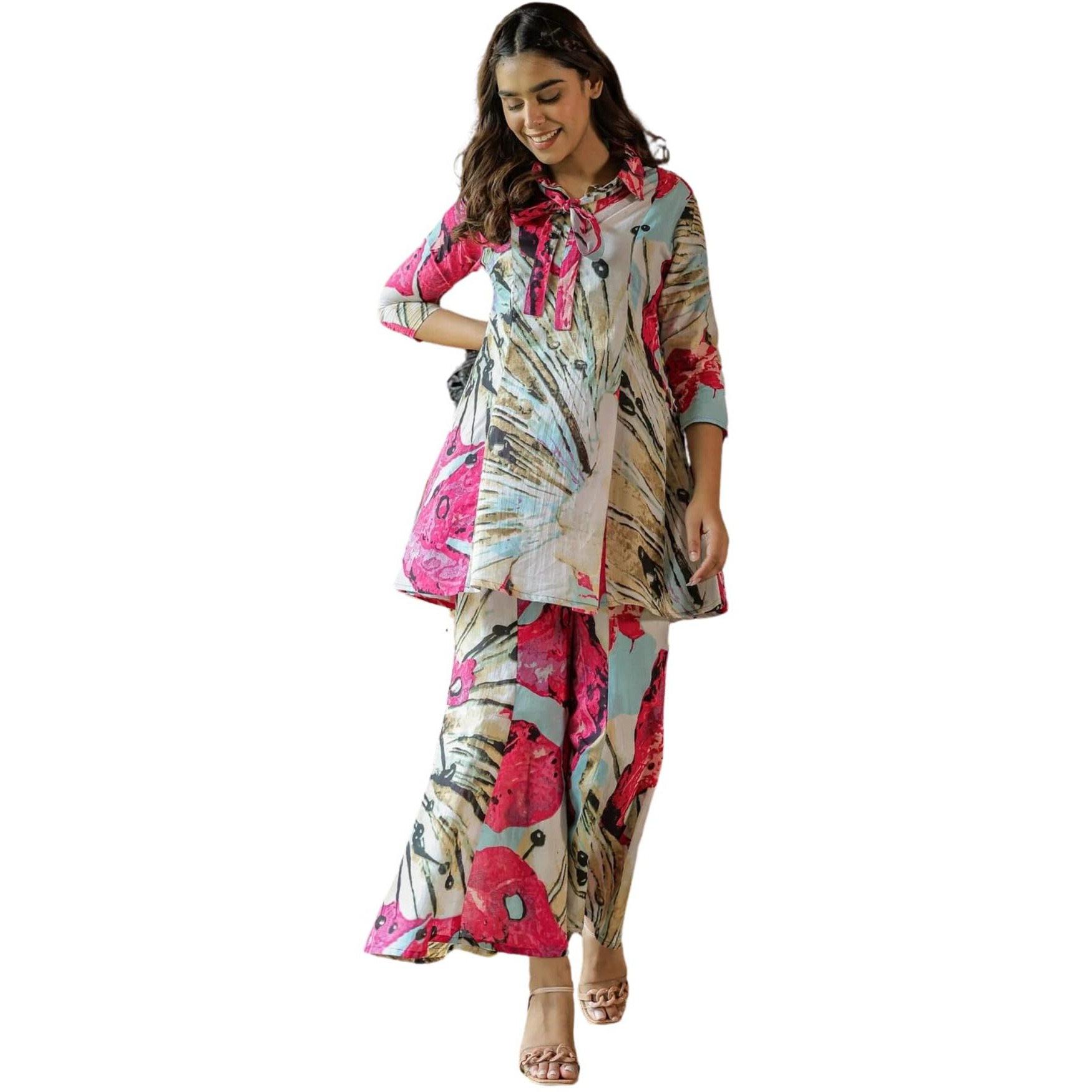 Leriya Fashion Women Ethnic Kurta Set | Rayon Co-Ord Set | Fancy Pajama Set | Pack Of 2 | Floral Printed Top & Pant Set | Full Pair Set | A-Line Kurta Set For Women (X-Large, Pink)