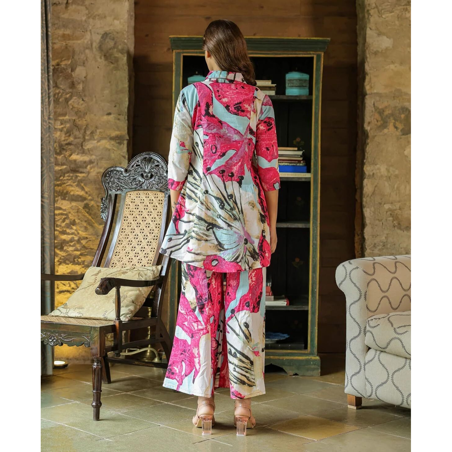 Leriya Fashion Women Ethnic Kurta Set | Rayon Co-Ord Set | Fancy Pajama Set | Pack Of 2 | Floral Printed Top & Pant Set | Full Pair Set | A-Line Kurta Set For Women (X-Large, Pink)