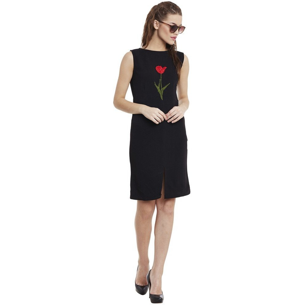 Miss Chase Women's Black Round Neck Sleeveless Embroidered Mini Shift Dress (Mcpw16D05-75-62_Black_M)