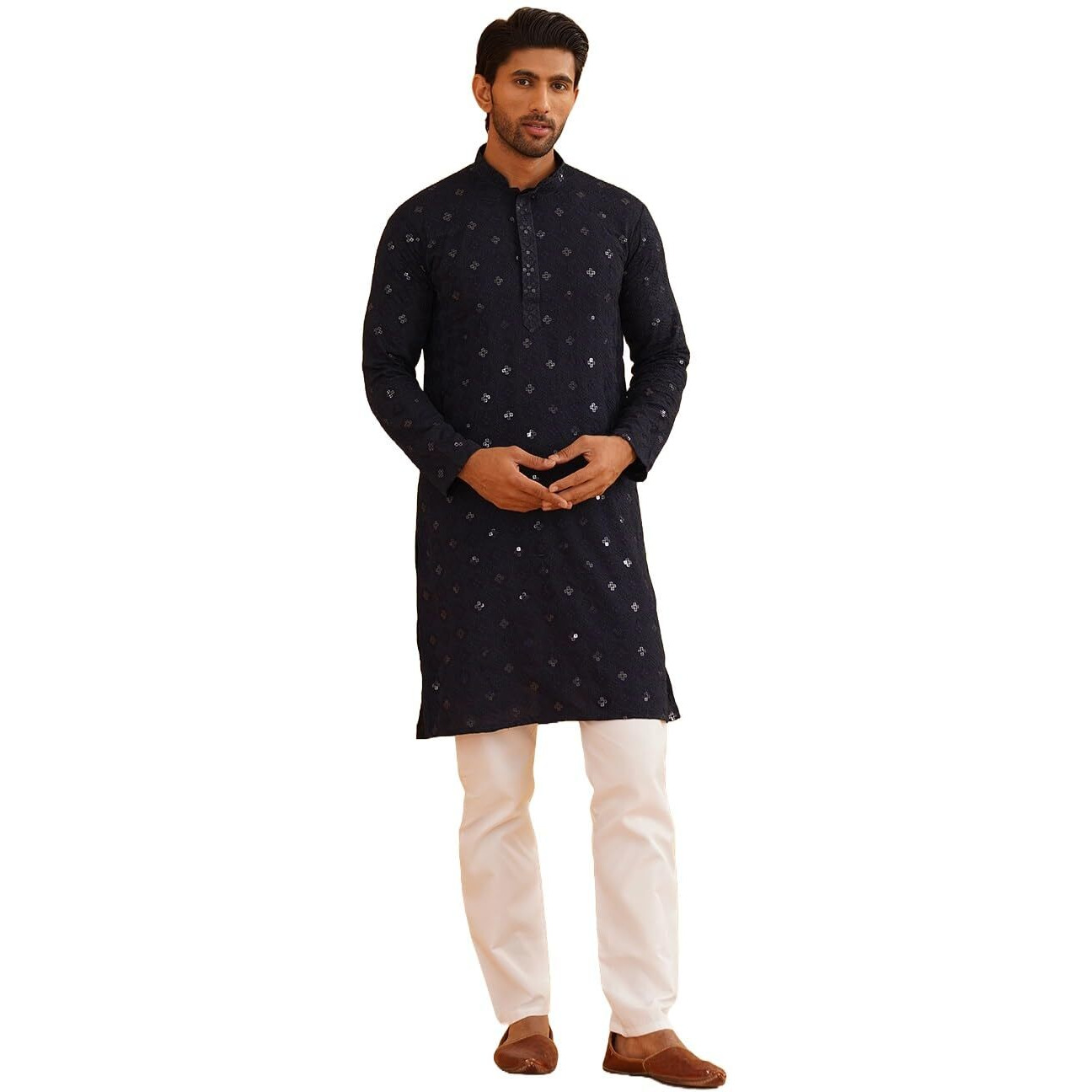 Sojanya (Since 1958 Men's Cotton Embroidered Sequinned Navy Kurta With White Churidaar Pyjama