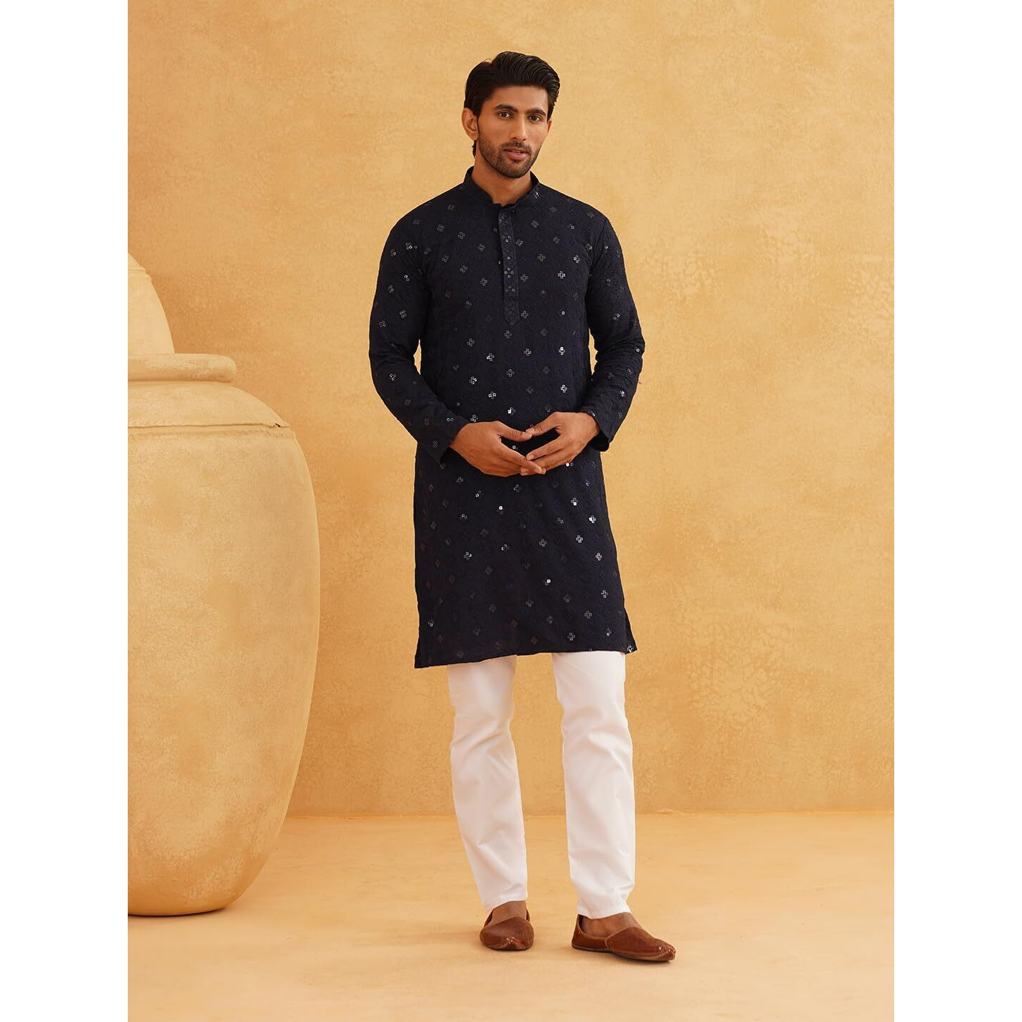 Sojanya (Since 1958 Men's Cotton Embroidered Sequinned Navy Kurta With White Churidaar Pyjama