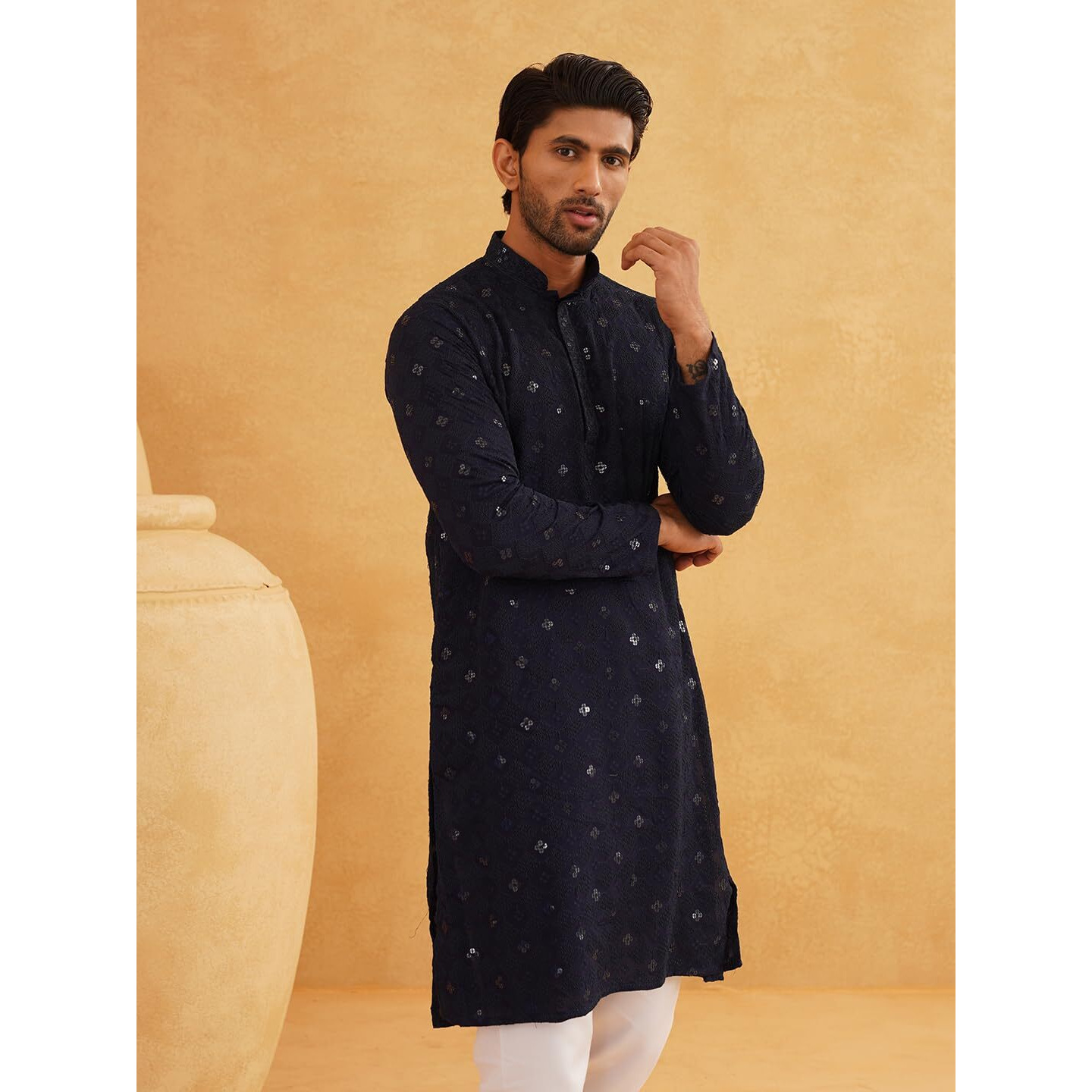 Sojanya (Since 1958 Men's Cotton Embroidered Sequinned Navy Kurta With White Churidaar Pyjama