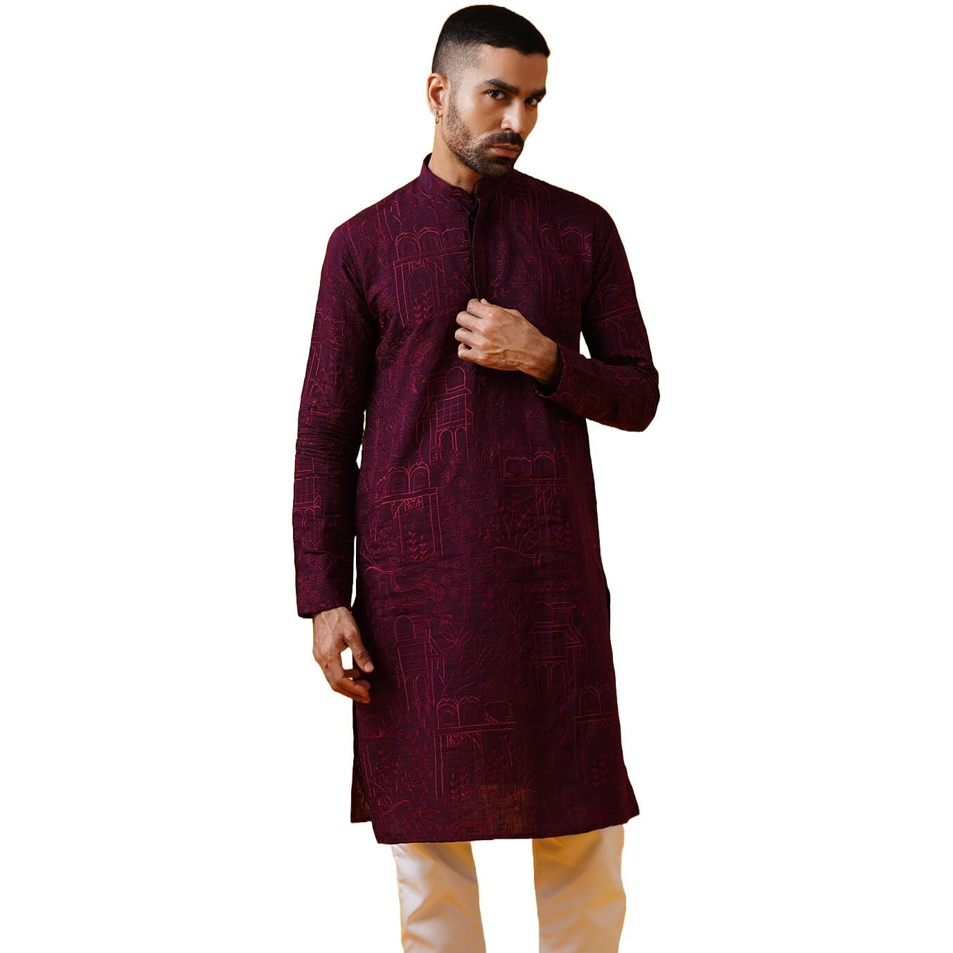 Sojanya (Since 1958 Men's Cotton Silk Kantha Thread Embroidered Wine Long Kurta