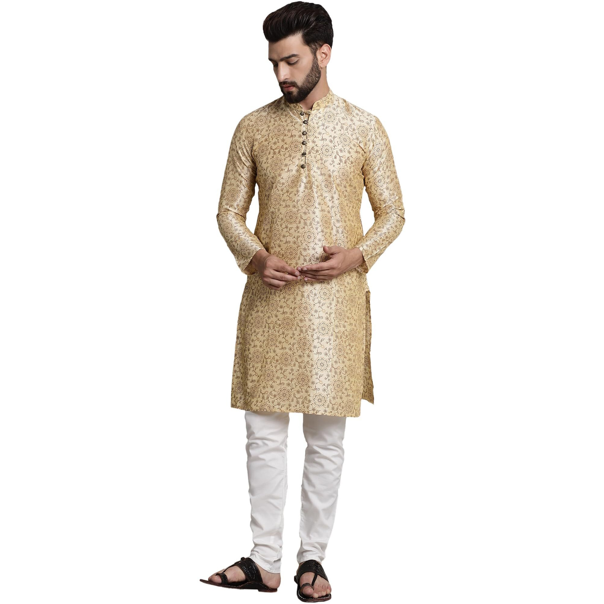 Sojanya (Since 1958 Men's Silk Blend Beige Printed Kurta And White Churidar Pyjama Set