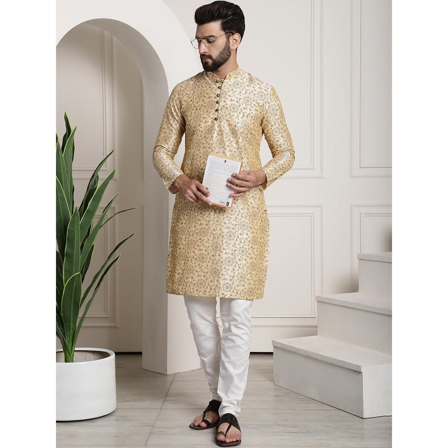 Sojanya (Since 1958 Men's Silk Blend Beige Printed Kurta And White Churidar Pyjama Set