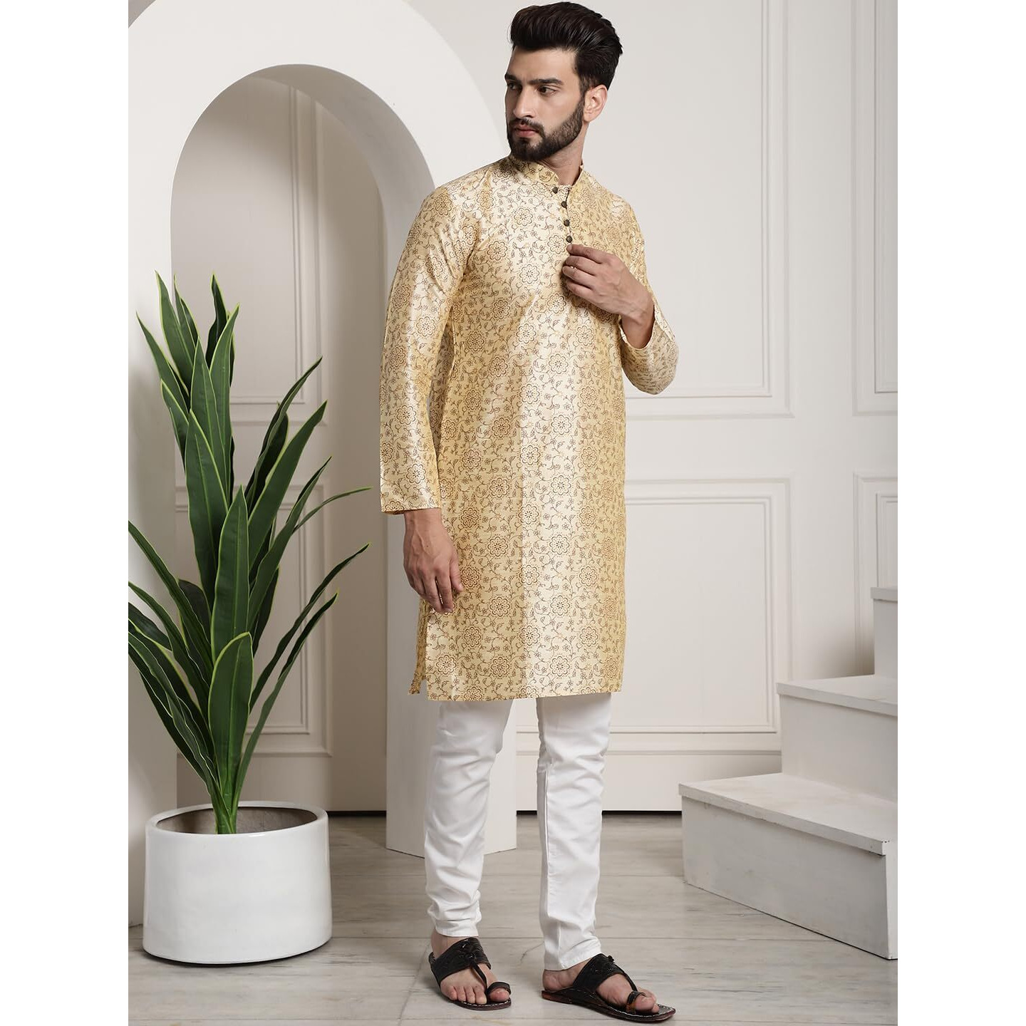 Sojanya (Since 1958 Men's Silk Blend Beige Printed Kurta And White Churidar Pyjama Set