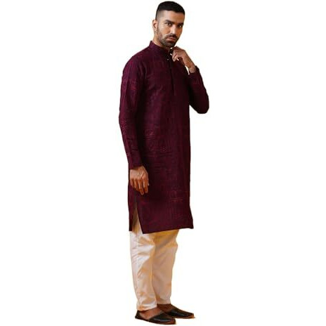 Sojanya (Since 1958 Men's Cotton Silk Kantha Thread Embroidered Wine Kurta With White Pyjama