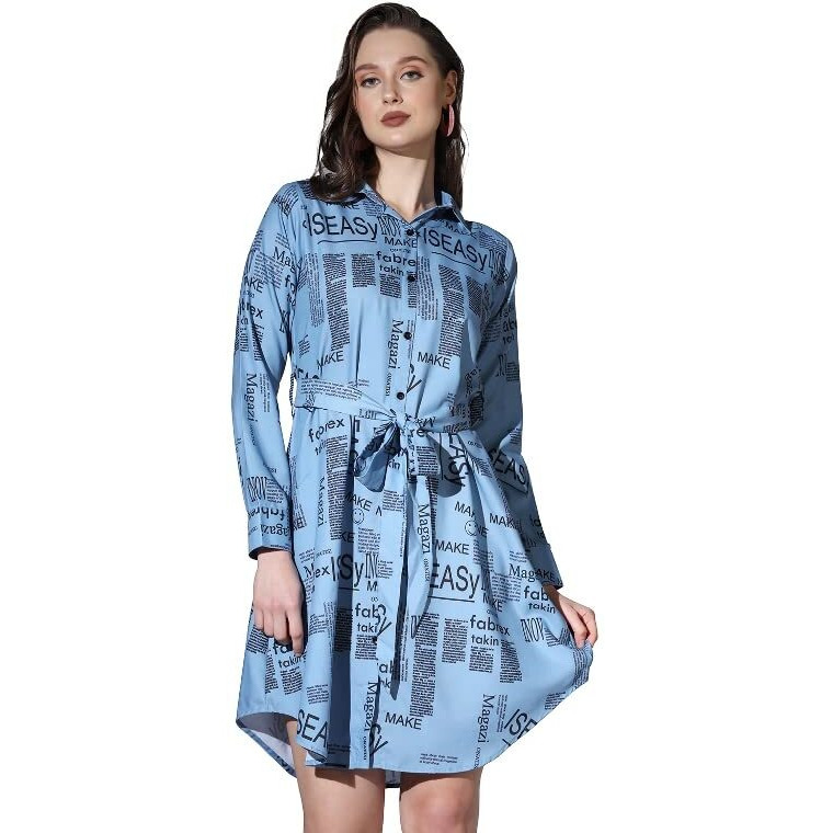 Om Sai Latest Creation Western Dresses For Women || Rayon Paper Printed Dress For Women || Dress With Belt, Cuff Full Sleeve & Spread Collar || Casual Western Dress For Women. (X-Large, Blue)