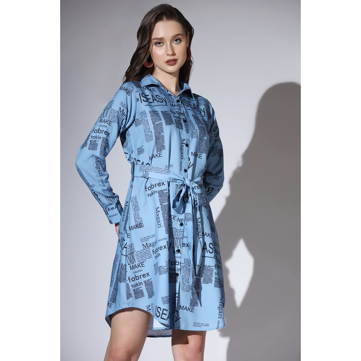 Om Sai Latest Creation Western Dresses For Women || Rayon Paper Printed Dress For Women || Dress With Belt, Cuff Full Sleeve & Spread Collar || Casual Western Dress For Women. (X-Large, Blue)