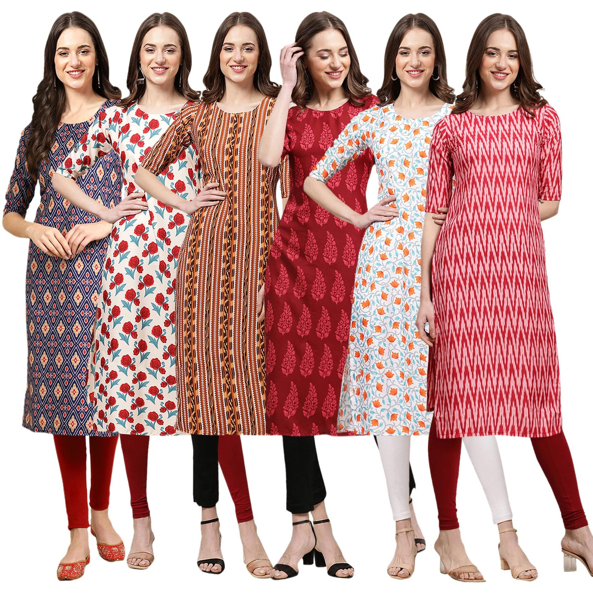 Pinkmint Women's Crepe Digital Print Straight Kurta(Pack Of 6)[Qv-358-342-344-337-334-328-L]