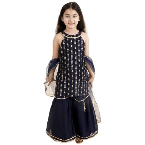 Pspeaches Girl's Polyester Kurta & Sharara (Sha-Navyblueseq-8-10_Navy